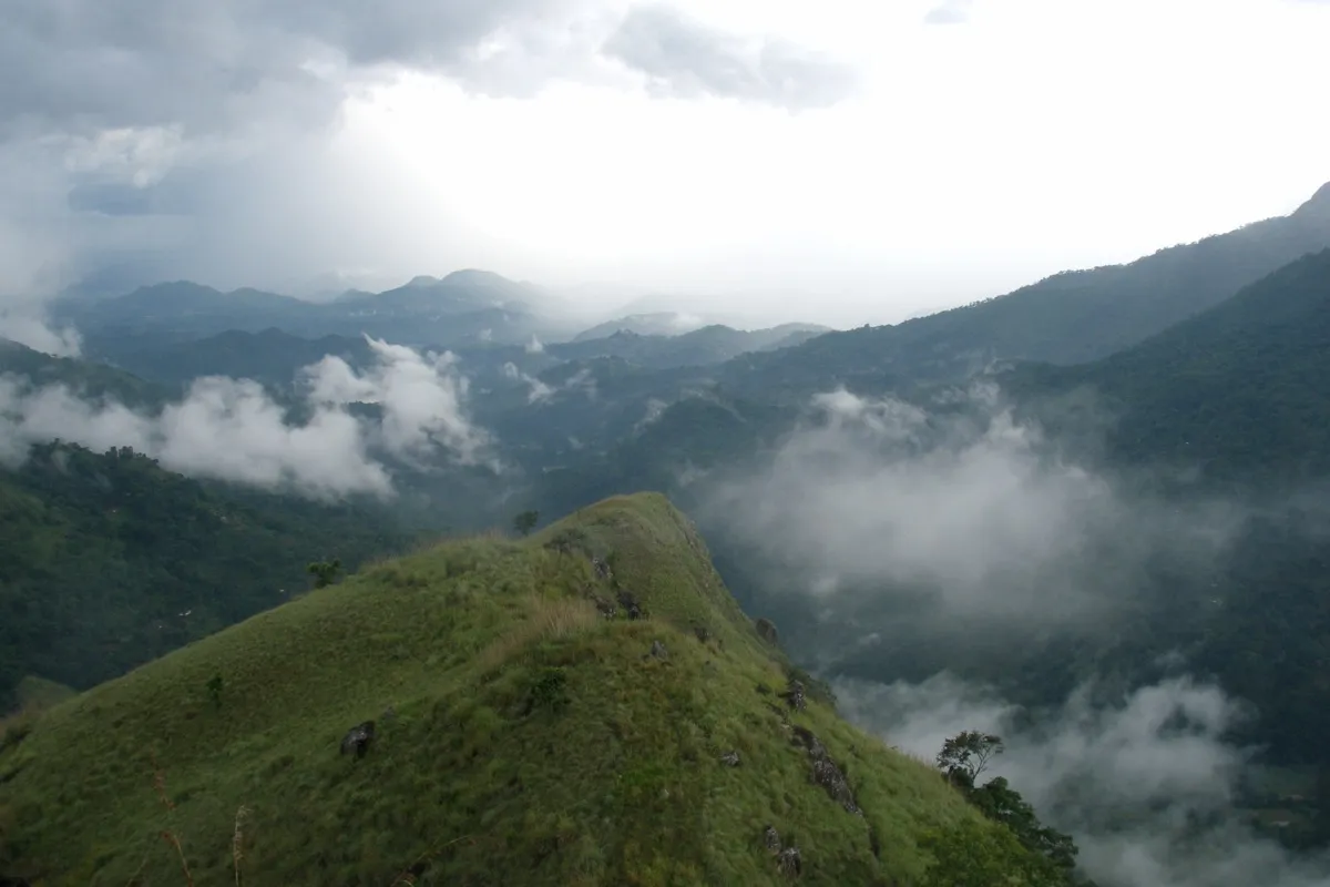 Low cloud and mist drift over green, forested hills in the Ella valley in Sri Lanka's hill country