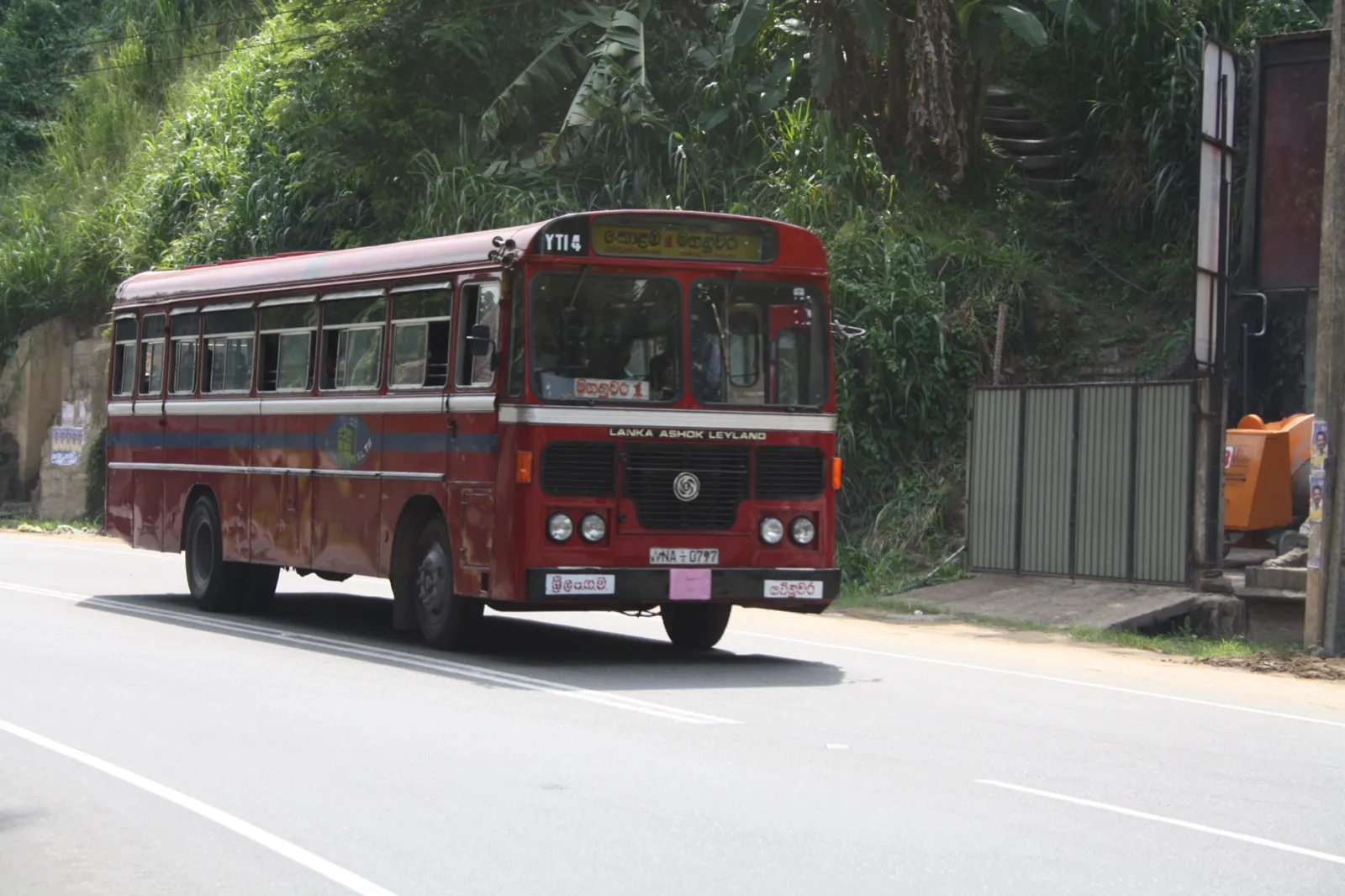 A red Sri Lanka Transport Board bus driving along a road past green hillside