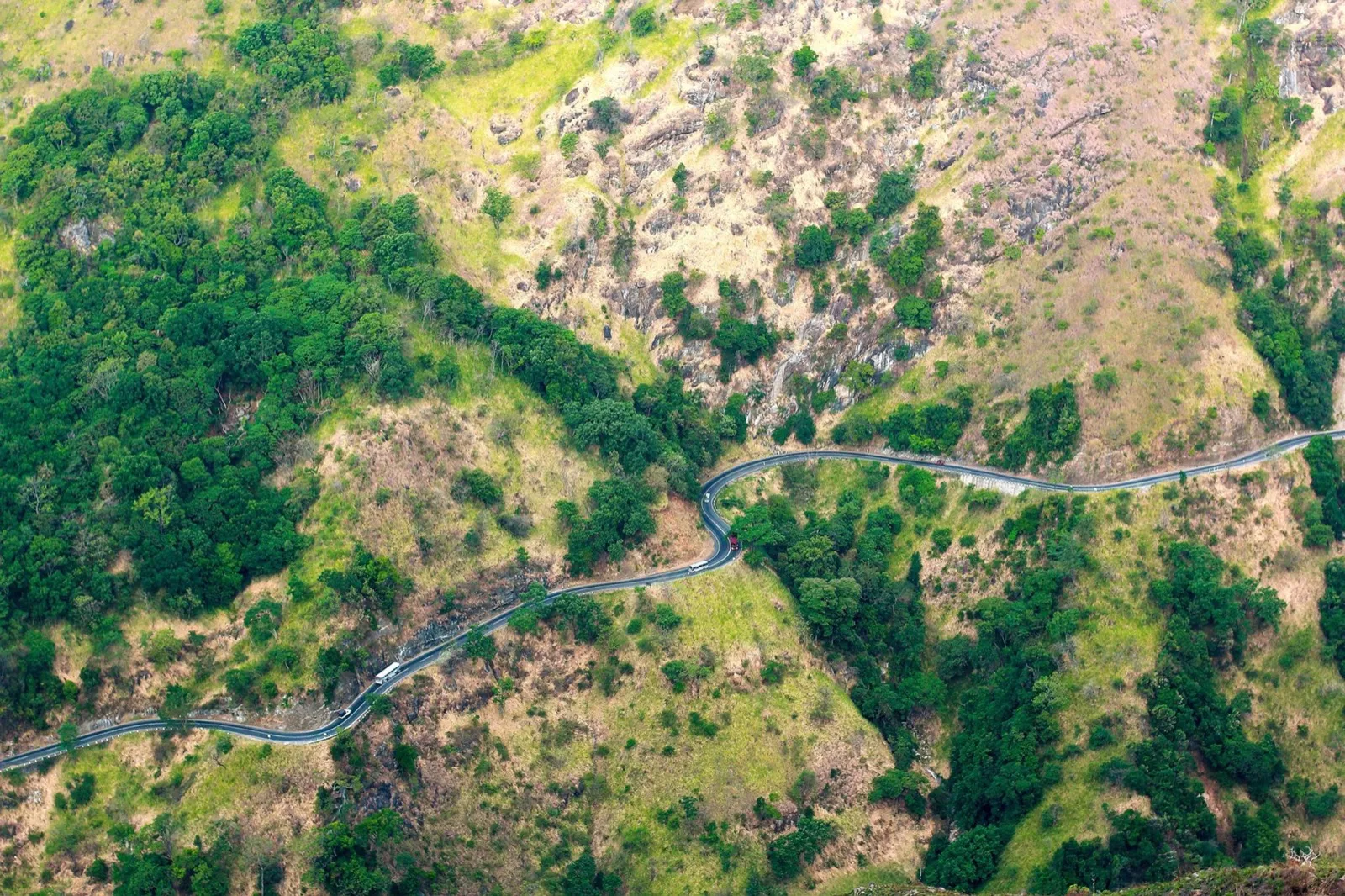 A narrow road winding along a steep green hillside in Sri Lanka's hill country, with a bus and lorries on it