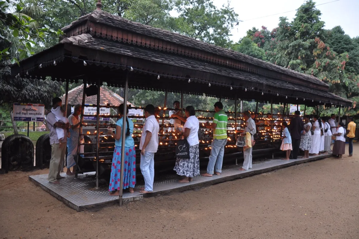 Barefoot devotees light rows of small oil lamps under a roofed lamp stand at a Buddhist temple in Sri Lanka